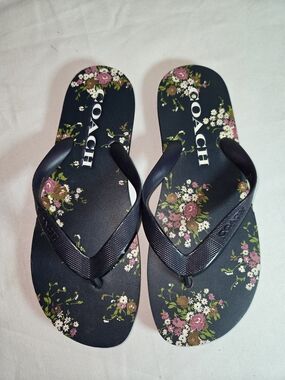 COACH Floral Print Flip Flop Sandals - Navy with Pink Flowers